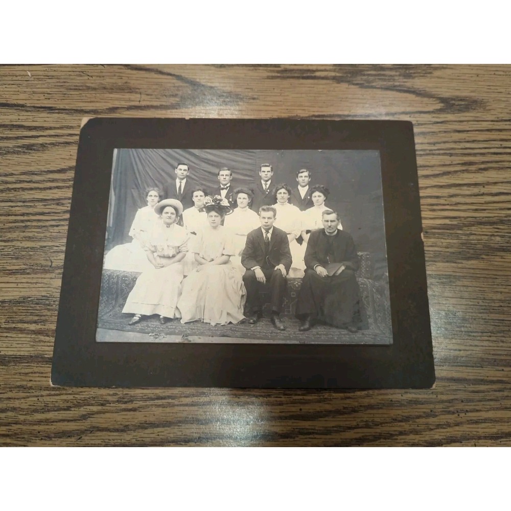 Antique Cabinet Card Group Photo Victorian Portrait Women Men Priest 9.75x7.75
